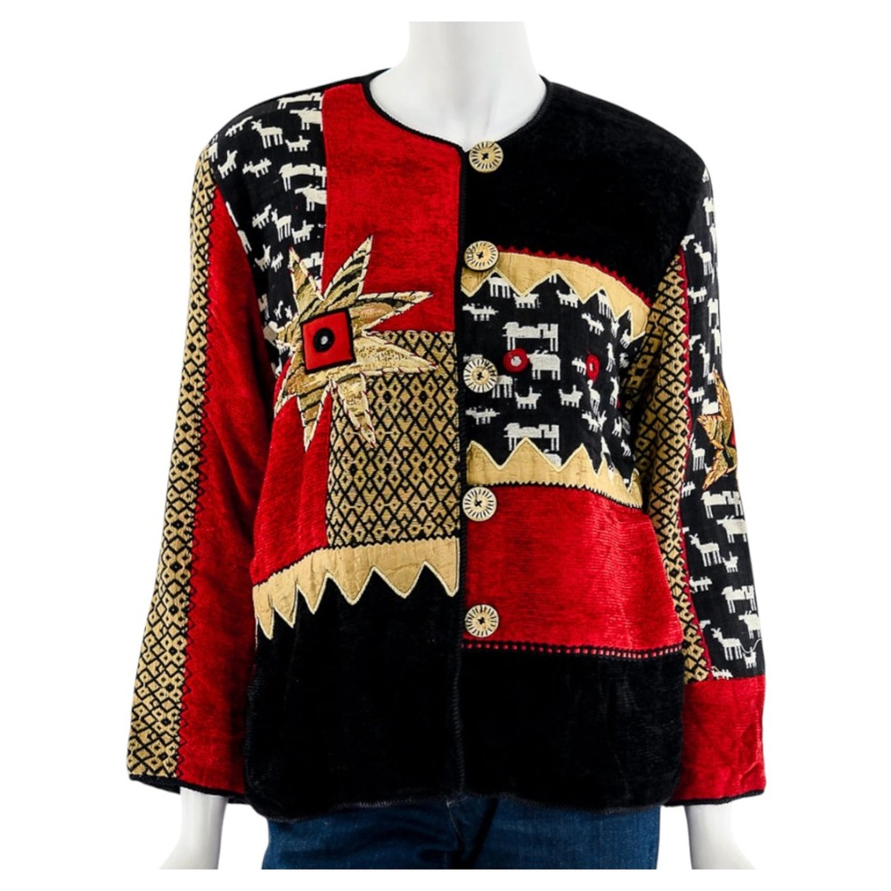 VTG ALLURE JACKET Art-To-Wear RED/BLACK CHENILLE Tapestry Animals Star Beige L